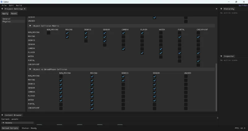 Physics Project Settings menu