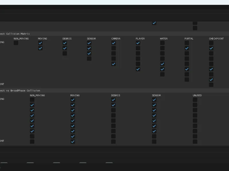 Physics Project Settings menu